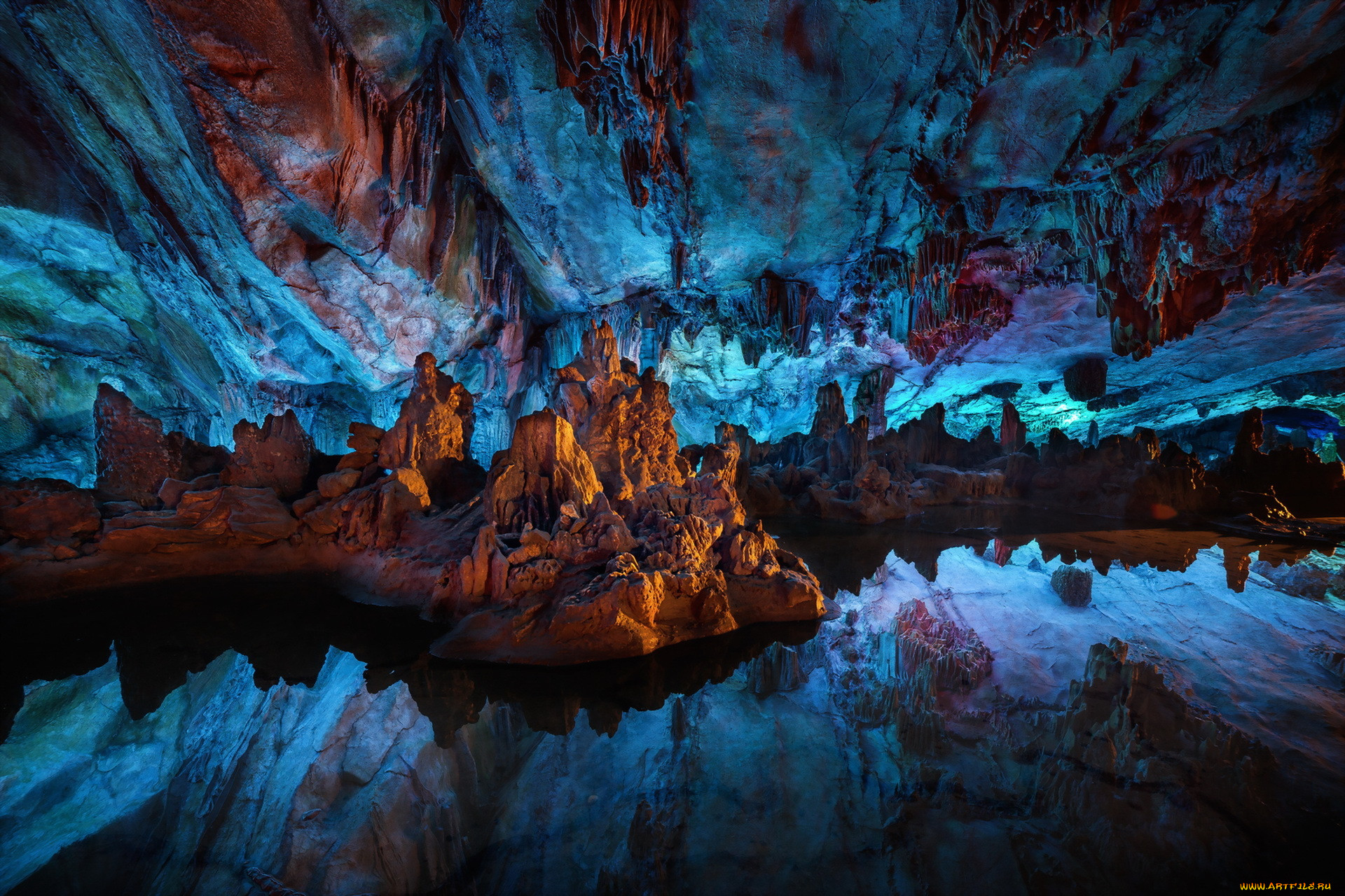 , , , china, reflections, still, water, reed, flute, cave, guilin